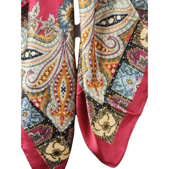 Square Silk Scarf Red With Ornate Paisley Floral Print 27.5 inch Square Wild Rag - Picture 5 of 16